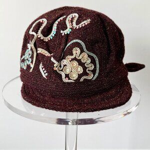 y2k vintage new burgundy red sparkly sequin embroidered tweed cabbie hat cap